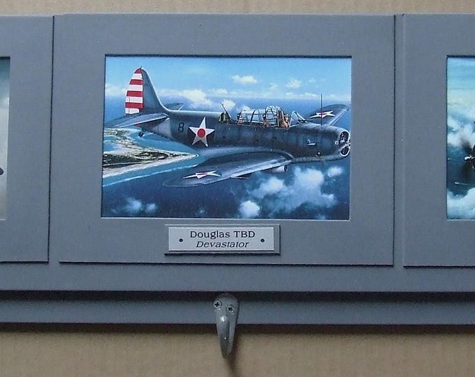 Three 4"x6" prints of paintings of Famous U.S. Navy WWII Aircraft mounted on a 24" Keychain Display Rack