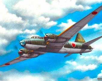 Framed 4" X 6" print of a painting of a WWII Mitsubishi G4M2a "Betty" bomber. Made to hang on a wall or display on a shelf or desk.