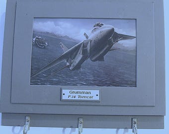 Wall Mounted Keychain Rack with a 4"X6" print of a painting of a Grumman F-14 Tomcat taking off from an aircraft carrier.