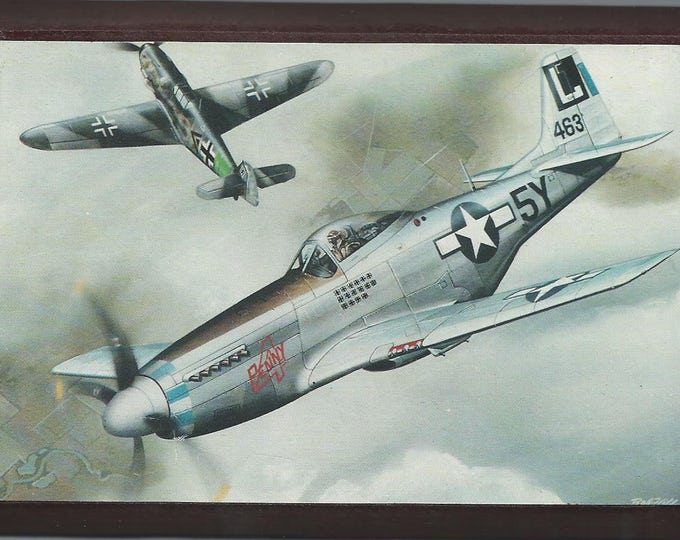 Framed 4" X 6" painting of a WWII North American P-51 Mustang in a dogfight. Designed to hang on a wall or display on a shelf or desk.