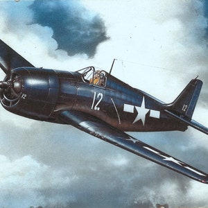 May include: A black and white illustration of a US Navy Grumman F6F Hellcat fighter plane flying in the clouds. The plane has the number "12" on the side and a white star on the fuselage.
