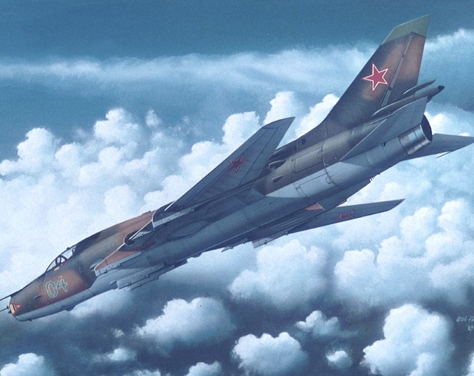 Framed 4" X 6" Print of a painting of a Sukhoi Su-17 "Fitter" fighter/bomber aircraft. Made to hang on a wall or display on a shelf or desk.