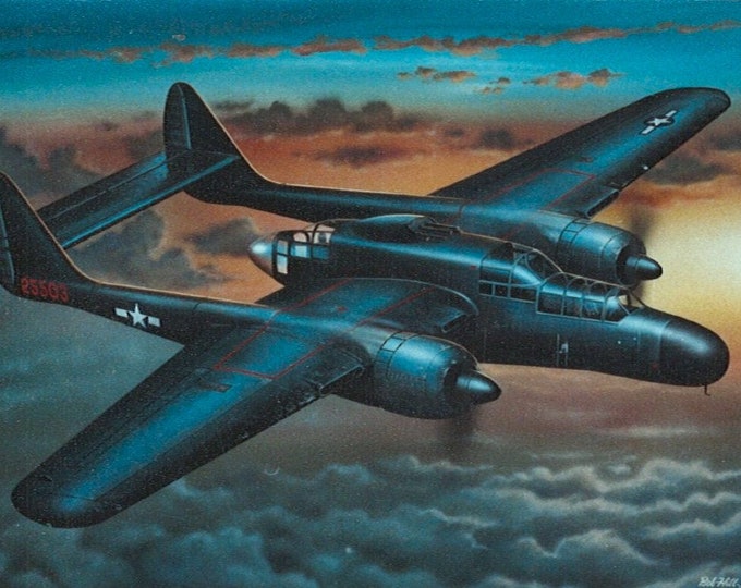 Framed 4" X 6" Print of a painting of a WWII Northrop P-61 "Black Widow" night fighter. Hang on wall or display on a shelf or desk..