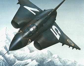 Framed 4" X 6" Print of a painting of a Swedish SAAB 35 "Draken" jet aircraft. Made to hang on a wall or display on a shelf or desk.
