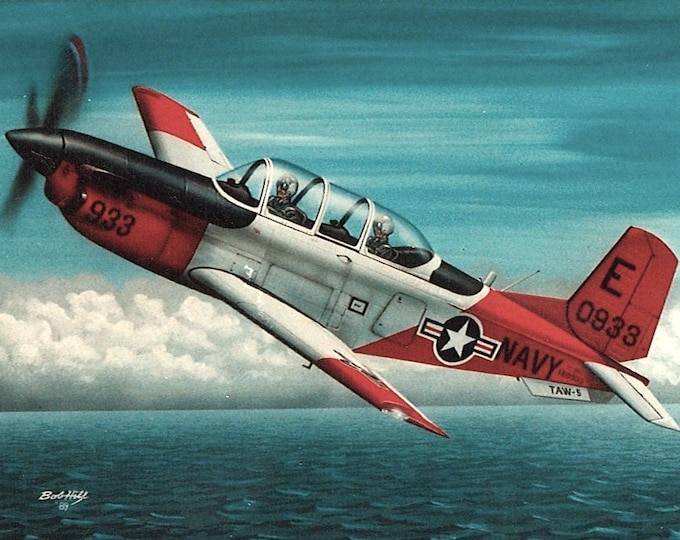 Framed 4" X 6" Print of a Beechcraft T-34C "Turbo-Mentor" on a training flight.  Hang on a wall or display on a shelf or desk.