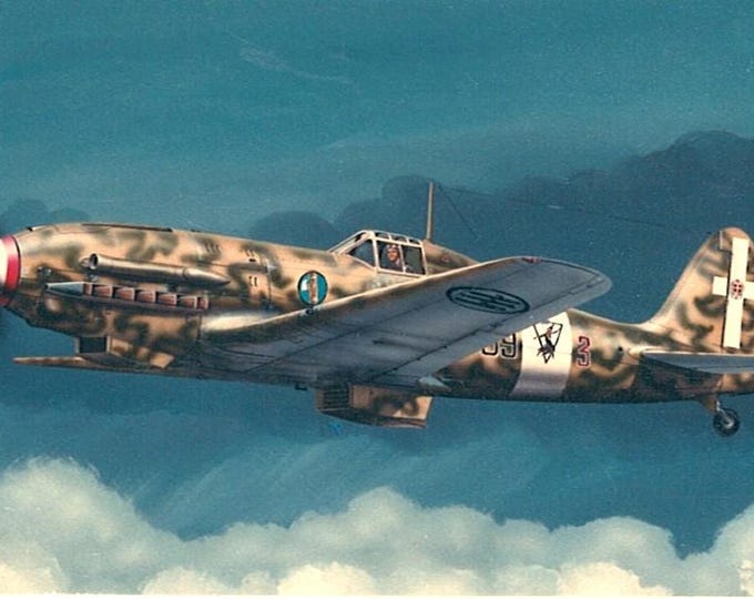Framed 4" X 6" print of a painting of an Italian WWII Macchi C.202 "Folgore" fighter. Made to hang on a wall or display on a shelf or desk.