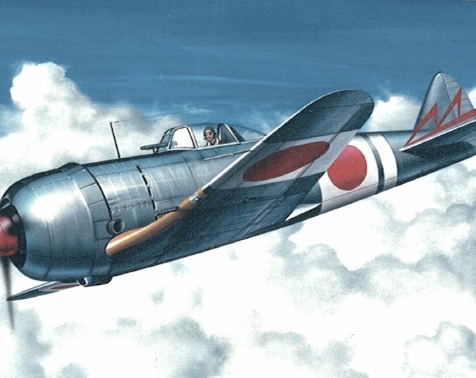 Framed 4" X 6" print of a painting of a WWII Nakajima Ki-44 "Tojo" fighter aircraft. Made to hang on a wall or display on a shelf or desk.