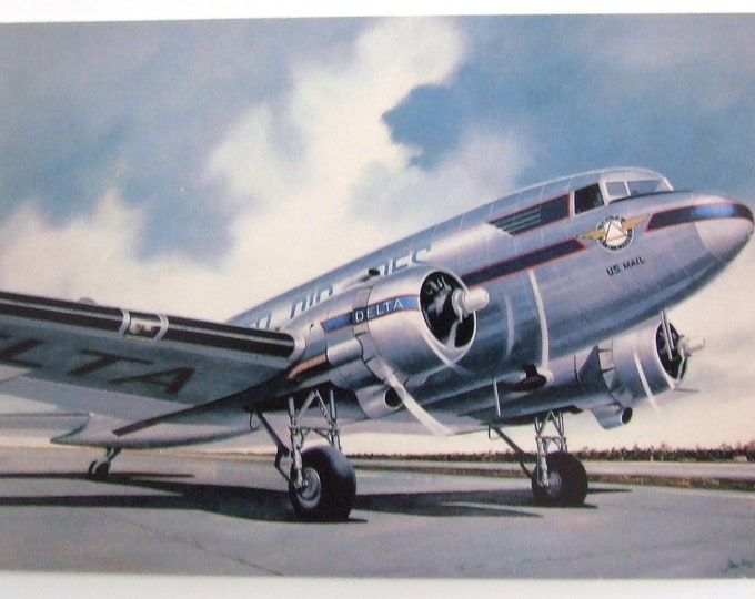 Framed 4" X 6" Painting of a 1935 Delta Airlines Douglas DC-3. Designed to hang on a wall or display on a shelf or desk.