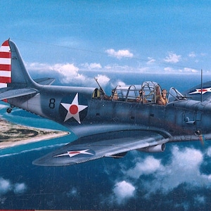 May include: A blue and grey Douglas SBD Dauntless dive bomber with red, white and blue markings flies over a small island. The plane has a red star with a white circle on the fuselage and the number "8" on the side. The plane is in flight with its wings level and its landing gear retracted.