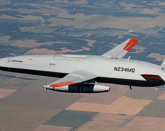 Framed 4" X 6" Print of a Boeing MQ-25 "Stingray" unmanned refueling Drone.  Made to hang on a wall or display on a shelf or desk.