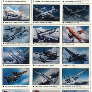 Jeu n° 1 - 24 cartes de collection éducatives sur l'histoire de l'aviation représentant des oiseaux de guerre et des jets classiques dans une boîte de rangement en plastique