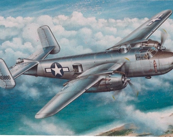 Framed 4" X 6" print of a painting of a North American B-25H Mitchell Bomber. Hang on wall or display on a shelf or desk..