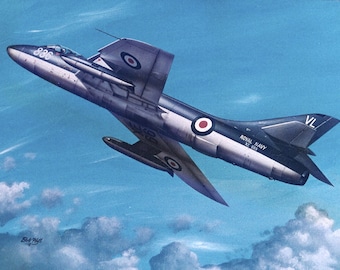 Framed 4" X 6" Print of a painting of a British Hawker Hunter Royal Navy aircraft. Made to hang on a wall or display on a shelf or desk.