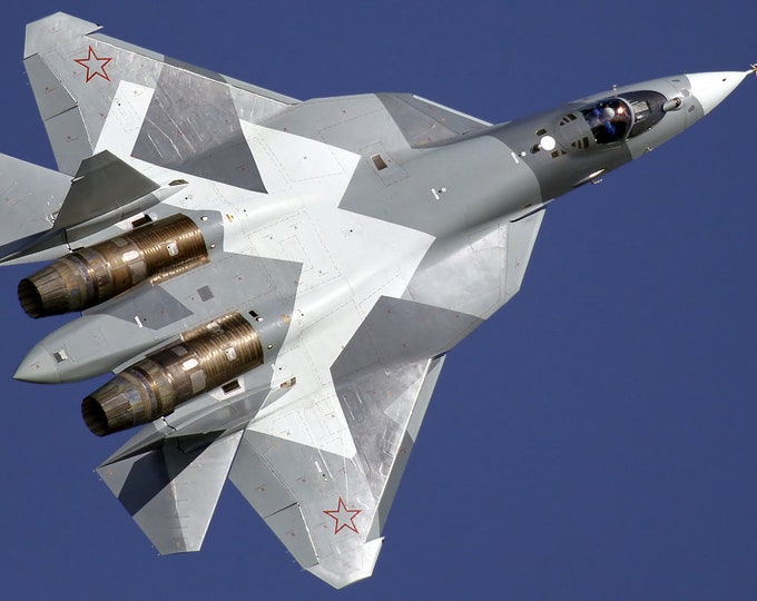 Framed 4" X 6" Print of a Russian Sukhoi Su-57 "Felon" aircraft. Made to hang on a wall or display on a shelf or desk.