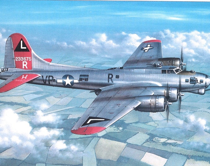 This 4" X 6" unframed print is of a Boeing B-17 Flying Fortress on one of its last missions over Germany during World War Two.