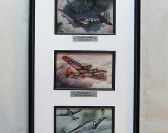 Framed Display of three 4&quot;X6&quot; prints of paintings of Famous WWII Warbirds.
