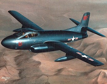 Framed 4" X 6" Print of a painting of a U.S. Douglas F3D "Skyknight" jet fighter. Made to hang on a wall or display on a shelf or desk.