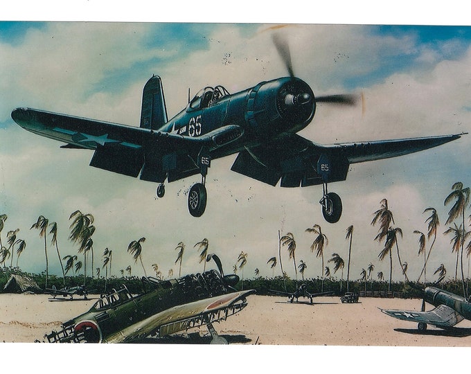 Framed 4" X 6" Painting of a F4U Corsair based in the South Pacific. Designed to hang or be displayed on a shelf or desk.
