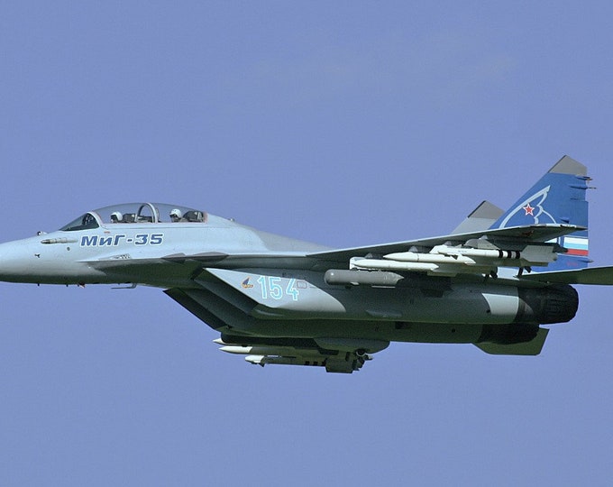 Framed 4" X 6" Print of a Russian Mikoyan MiG-35 "Fulcrum F" aircraft. Made to hang on a wall or display on a shelf or desk.