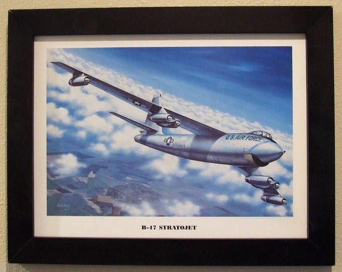 This 14 1/2" X 18 1/2" Black Framed artprint (12" X 16" image size) is of a Boeing B-47 Stratojet climbing to a higher altitude!