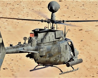 Framed 4" X 6" Print of a US Military Bell OH-58D - "Kiowa Warrior" Helicopter. Hang on a wall or display on a shelf or desk.