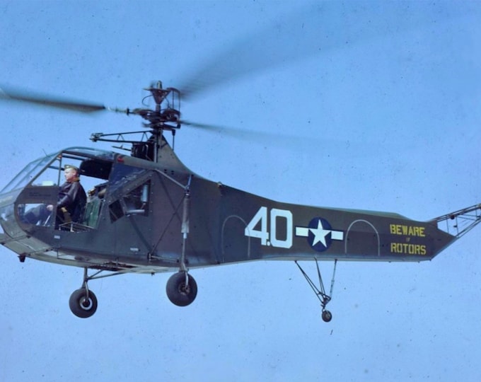 Framed 4" X 6" Print of an early United States Military Sikorsky R-4 Helicopter. Hang on a wall or display on a shelf or desk.