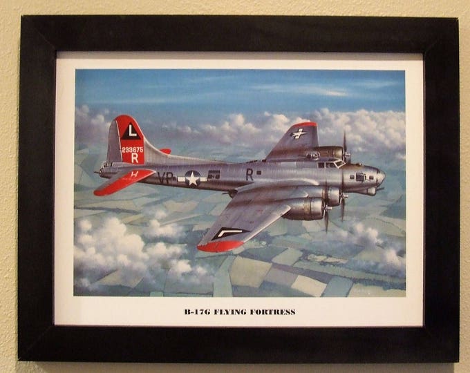 14 1/2" X 18 1/2" Black Framed Art Print Painting of a Boeing B-17G Flying Fortress Bomber flying over Germany towards the end of WWII