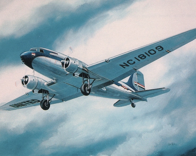 Framed 4" X 6" Painting of a 1935 United Airlines Douglas DC-3. Hang on a wall or display on a shelf or desk.