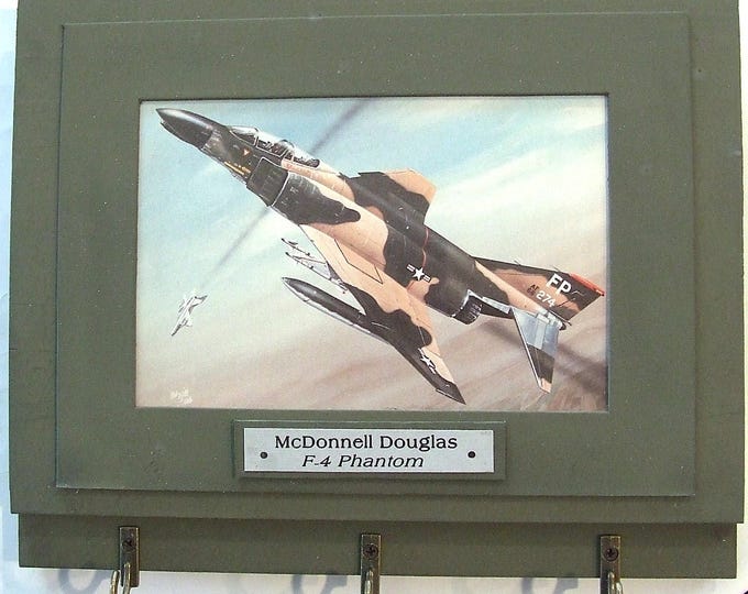 Wall Mounted Keychain Rack with a print of a painting of a McDonnell Douglas F-4 Phantom II shooting down a MiG over Vietnam.