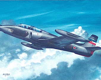 Framed 4" X 6" Print of a painting of a Yugoslavian Soko J-21 Jastreb "Hawk" aircraft. Made to hang on a wall or display on a shelf or desk.