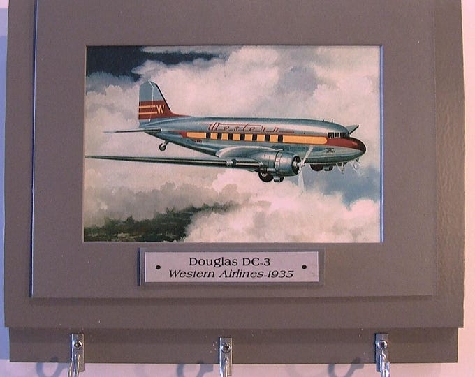 Wall Mounted Keychain Rack with a 4"X6" print of a 1935 Western Airlines DC-3.