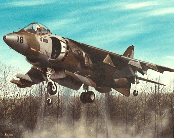 Framed 4" X 6" Print of a Hawker-Siddeley AV-8A"Harrier" jump jet. Hang on a wall or display on a shelf or desk..