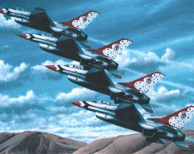 Framed 4" X 6" Print of a painting of the USAF "Thunderbirds".  Designed to hang on a wall or can be displayed on a shelf or desk.