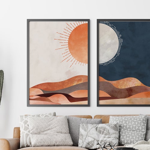 Sun and Moon Wall Art Set of 2, Boho Dune Print, Modern Abstract Poster, Digital Download, Decorative Wall Art, Eclectic Wall Art, Sands