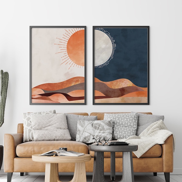 Original Design - Sonne und Mond Wand Kunst 2er Set, Tag Nacht Wüste Print, Boho Wandkunst, digitaler Download, Orange und Marine Blau Print