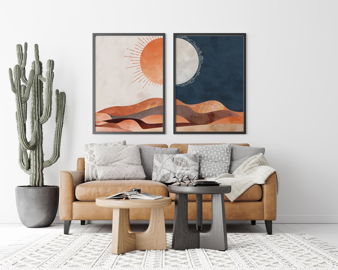 Sun and Moon Wall Art Set of Day Night Desert Print Mid Etsy