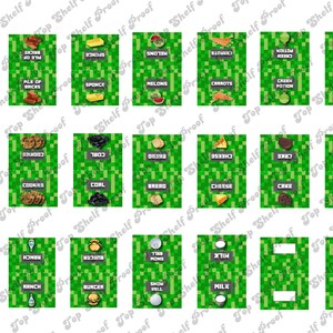 May include: A set of 18 printable Minecraft-themed party favor tags. Each tag features a green pixelated background with a Minecraft item or food item in the center. The items include: cookies, coal, bread, cheese, cake, ice cube, ranch, burger, snow ball, milk, green potion, blue potion, carrots, melons, sponge, and a pile of bricks.