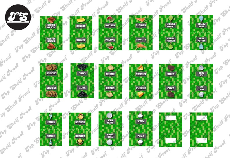 May include: A set of 18 printable Minecraft-themed party favor tags. Each tag features a green pixelated background with a Minecraft item or food item in the center. The items include: cookies, coal, bread, cheese, cake, ice cube, ranch, burger, snow ball, milk, green potion, blue potion, carrots, melons, sponge, and a pile of bricks.
