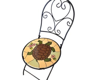 Metal Fold Up Plant Stand Chair Turtle Mosaic Garden Decor Porch