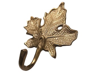 Vtg Brass Maple Leaf 4.5" Wall Hanger Keys Coats Hats Towel HOOK Gold