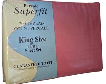 Vtg New Percale Super fit 200 Thread Count King Sheet Set Pink Solid
