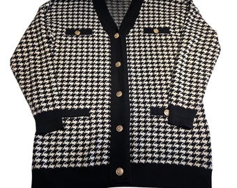 XL Houndstooth Cardigan Jacket Long Gold Button Chic Rayon Old Money Cyprus