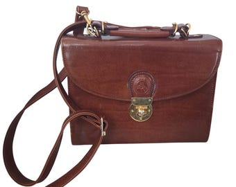 Vintage Brown All-Weather Briefcase Horse Emblem Purse Gold Twiist Hardware