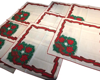 Lot 8 Vtg Christmas Cloth NAPKINS Red Holly Ribbon Green Brazil Wreath