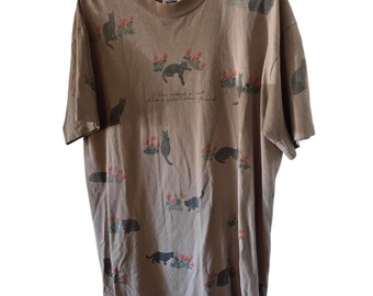 Relevant Products VTG 90s AOP All Over Print Cat T-Shirt Single Stitch Tan Kitty