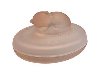 Vintage Vanity Frosted Pink Glass Cat Trinket Box Sleeping Kitten Dish