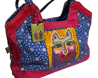 Vtg Laurel Burch CAT Shoulder Bag Colorful Canvas Tote Purse Blue Pink