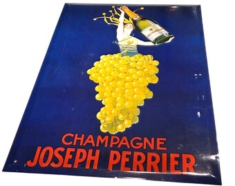 Vtg Joseph Perrier Champagne Metal Poster Art Deco Bar Blue Grapes 1999