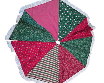 Vtg Large Handmade Christmas Quilted Patchwork Lace Tree Skirt Christmas Country