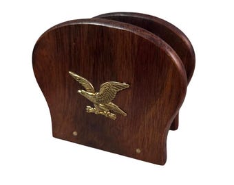 Vtg Mid century Eagle Wooden Brass Letter Recipe Napkin Holder